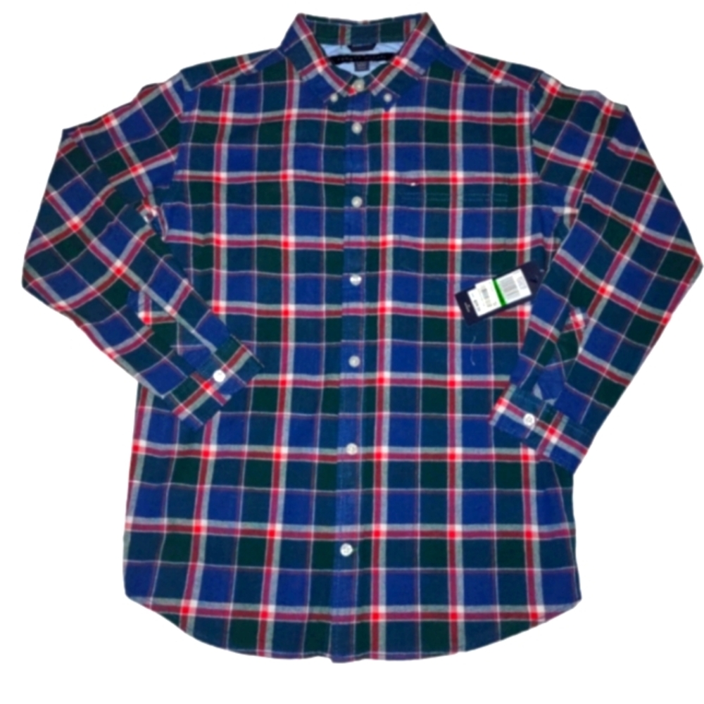 NWT Tommy Hilfiger Button Bown Collared Plaid Long Sleeve Dress Shirt(S-L 16-18)